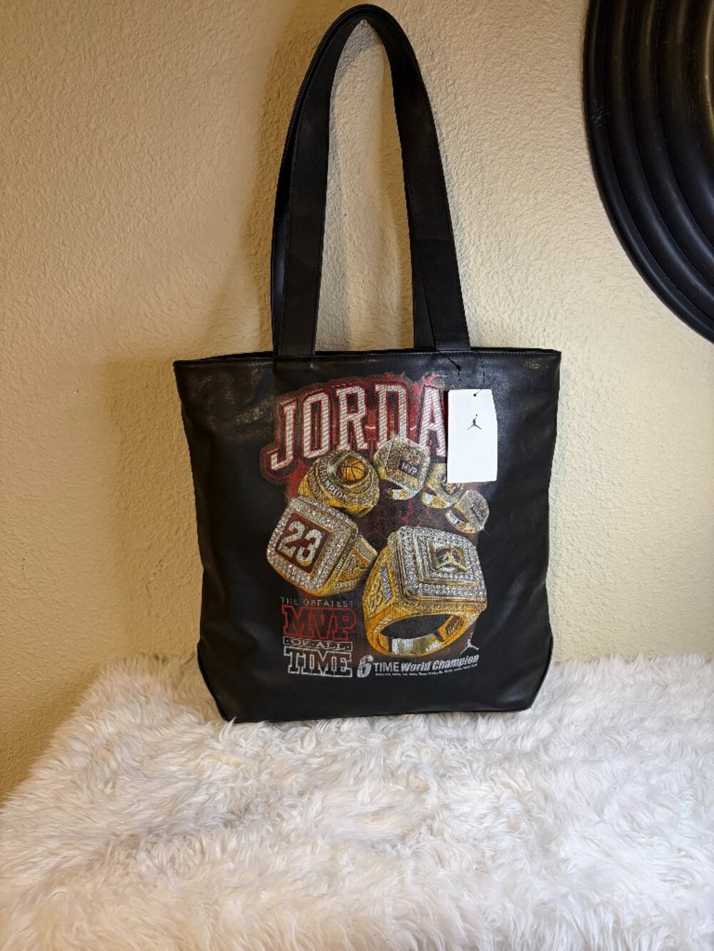 Nike Air Jordan MVP Rings Graphic Tote Bag Black Faux Leather NWT